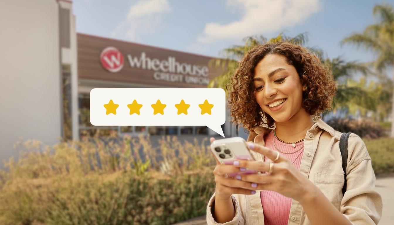 A woman using her smartphone outside of a Wheelhouse Credit Union.
