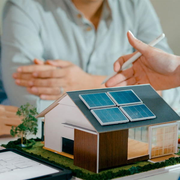 Solar panels on a model of a house.